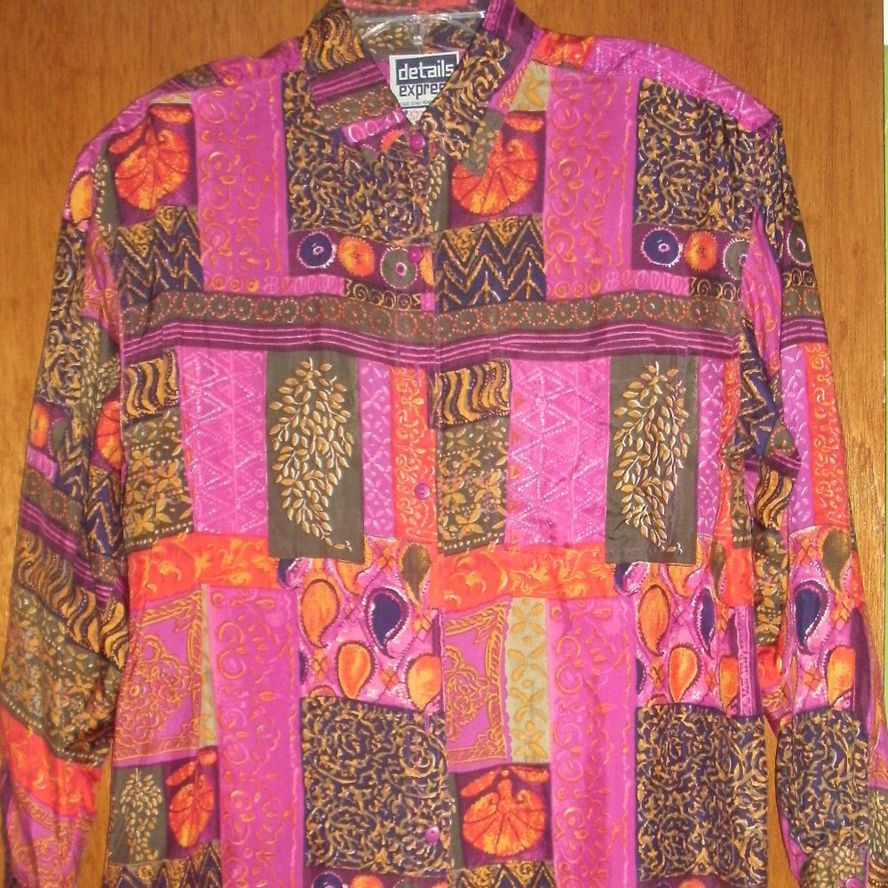 Vintage Details Express Abstract Silk Blouse Shirt Medium NWOT Fuschia Orange